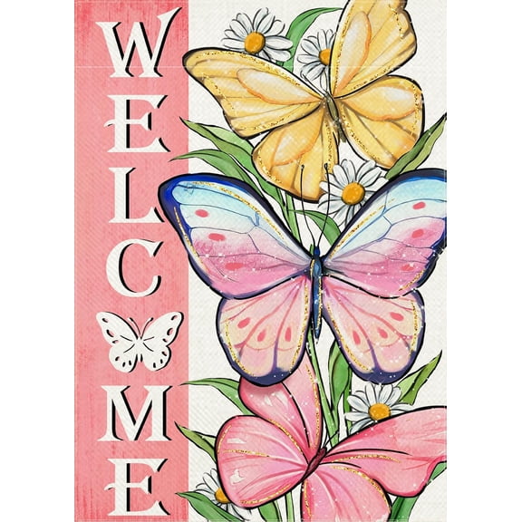 Welcome Spring Summer Butterfly Decorative Garden Flag, Daisy Flowers Floral Pink Yard Outside Decorations, Farmhouse Outdoor Small Home Decor Double Sided 12 x 18