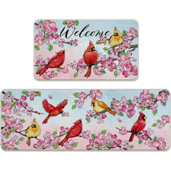 Welcome Spring Summer Cardinal Kitchen Rugs Set of 2, Red Birds Pink Dogwood Floral Flower Kitchen Mats Decor, Seasonal Floor Door Mat Home Decorations -17x29 and 17x47 Inch