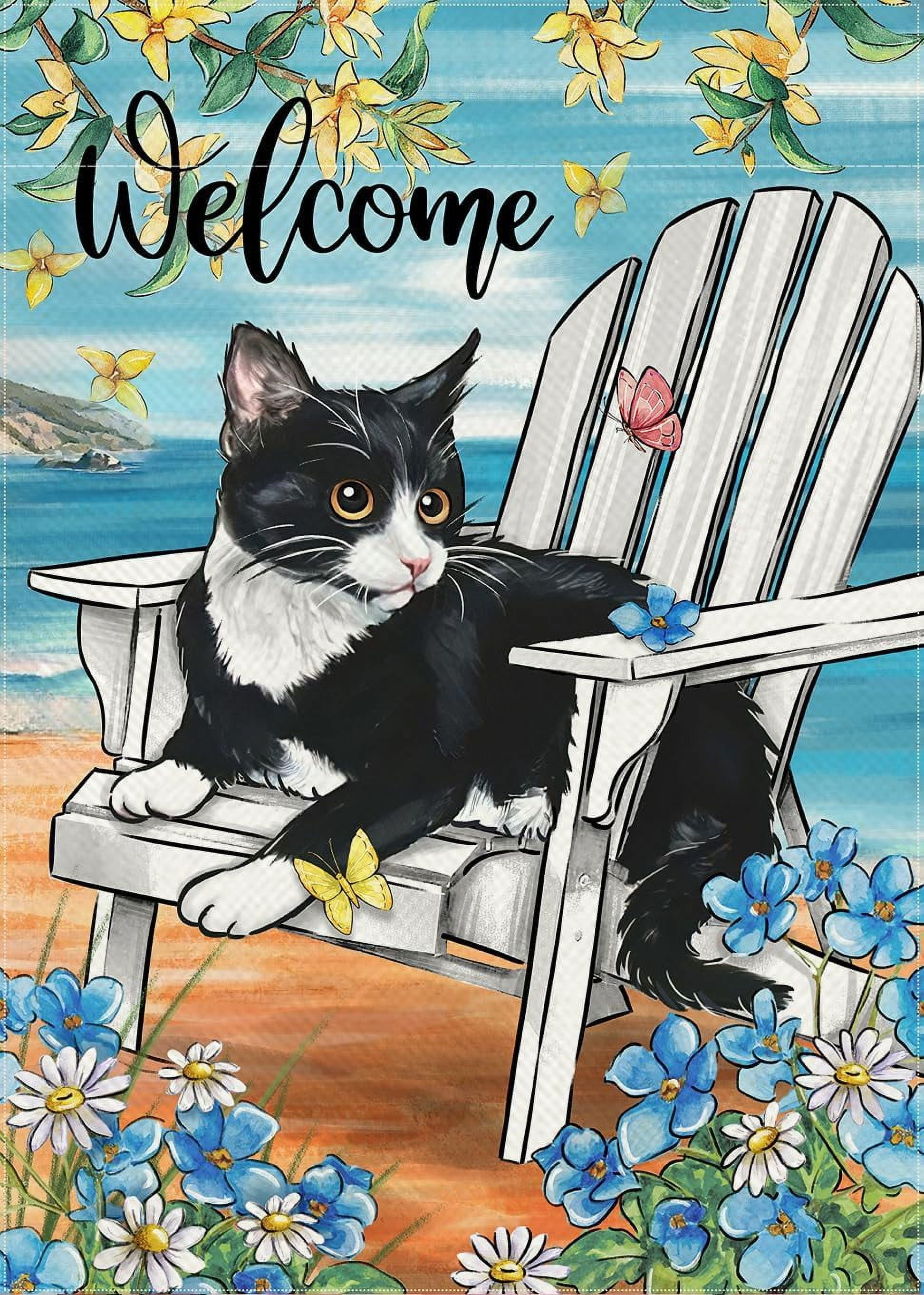 Welcome Spring Summer Cat Chair Decorative Garden Flag, Kitty Forget Me ...