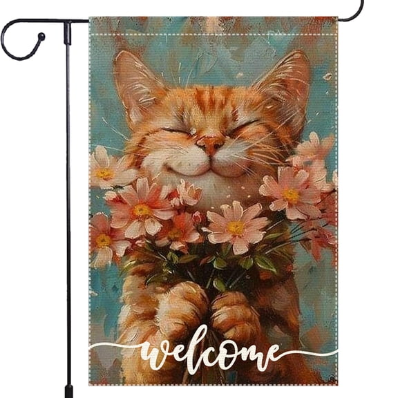 Welcome Spring Summer Cat Garden Flag 12x18 Inch Double Sided Colorful Floral Burlap Home Yard Lawn Decorations