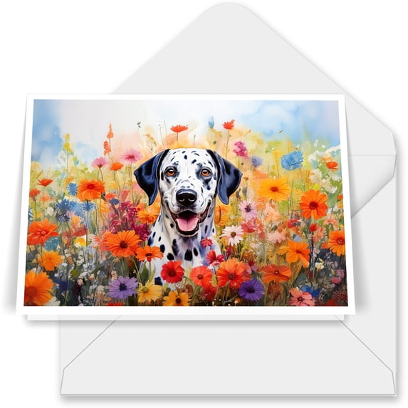 Welcome Spring Summer Dalmatian Portrait Flower Blue Sky 7x5in Folded Greeting Card Dog Lover Single Note Card with Envelope - 12001