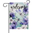 thumbnail image 1 of Welcome Spring Summer Dragonfly Decorative Garden Flag, Purple White Anemone Floral Flower Yard Outside Home Decoration, Seasonal Burlap Outdoor Small Decor Double Sided 12 x 18, 1 of 6