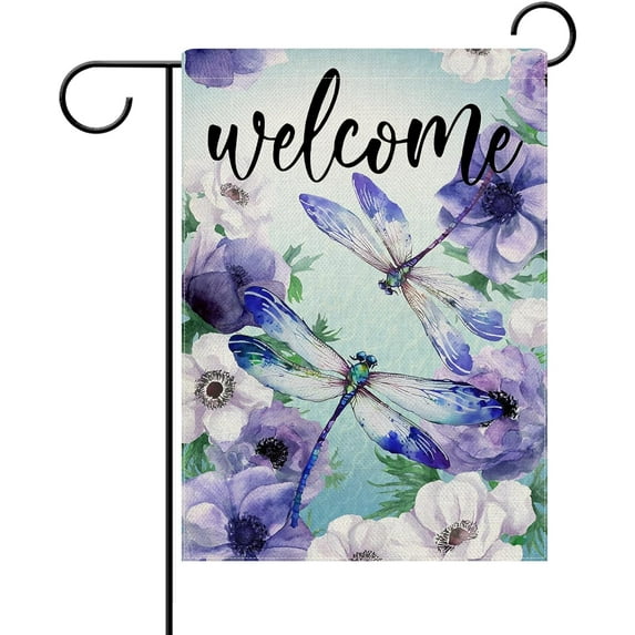 Welcome Spring Summer Dragonfly Decorative Garden Flag, Purple White Anemone Floral Flower Yard Outside Home Decoration, Seasonal Burlap Outdoor Small Decor Double Sided 12 x 18