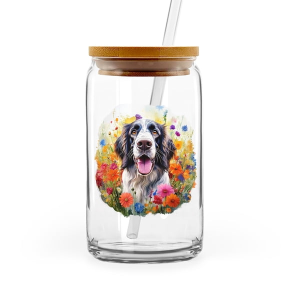 Welcome Spring Summer English Setter Portrait Flower Blue Sky 16oz Glass Cup Mug Dog Lover Glass Can with Bamboo Lid and Straw - 12001