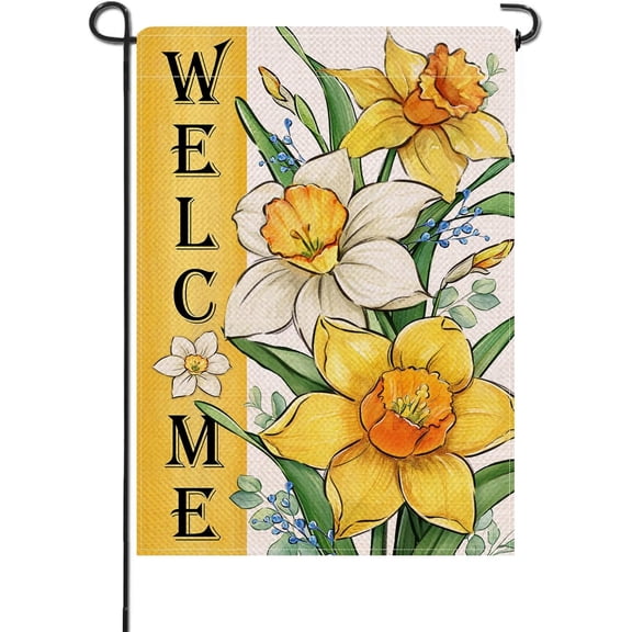 Welcome Spring Summer Floral Flower Small Decorative Garden Flag, Yellow Daffodil Eucalyptus Leaves Yard Lawn Outside Decor, Seasonal Burlap Outdoor Home Decoration Double Sided 12.5 x 18