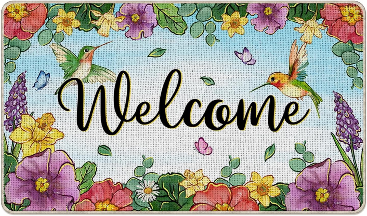 Welcome Spring Summer Flower Decorative Front Door Mat, Hummingbird Morning Glory Floral Doormat Indoor Outdoor Non-Slip Floor Entryway Rug, Daffodil Hyacinth Home Kitchen Decoration 17x29 Inch