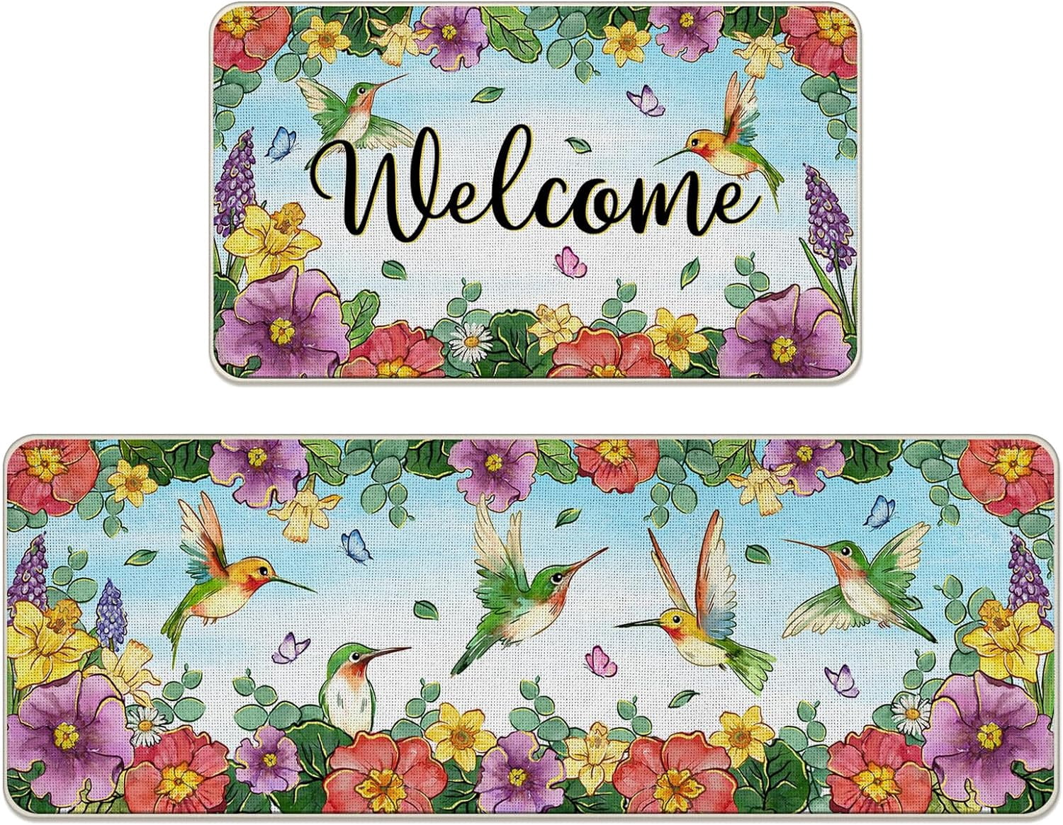 Welcome Spring Summer Flower Kitchen Rugs Set of 2, Hummingbird Floral ...