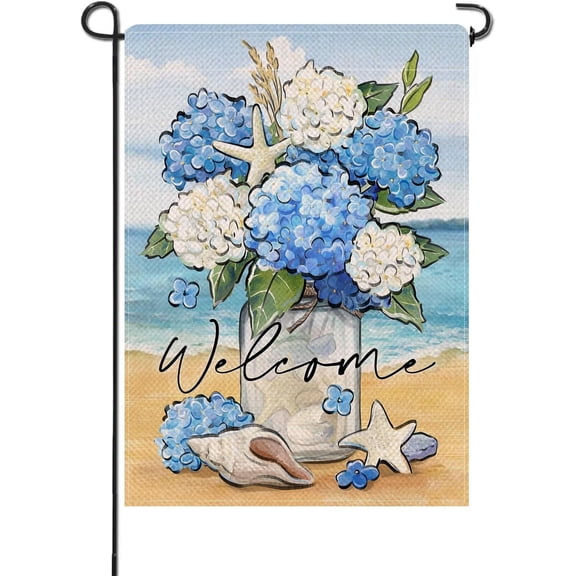Welcome Spring Summer Flower Small Decorative Garden Flag, Hydrangea Floral Mason Jar Beach Coastal Yard Lawn Outside Decor, Nautical Conch Starfish Outdoor Home Decoration Double Sided 12.5 x 18