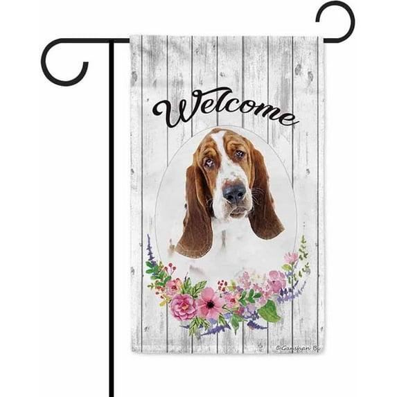 Welcome Spring Summer Flowers Basset Hound Decorative Garden Flag Dog Floral Seasonal Home Decor Banner for Outside 12.5X18 Inch Double Sided