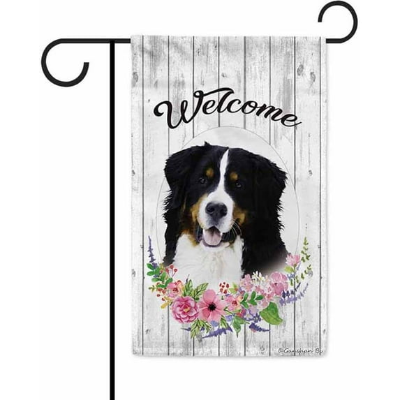 Welcome Spring Summer Flowers Bernese Decorative Garden Flag Dog Floral Seasonal Home Decor Banner for Outside 12.5X18 Inch Double Sided