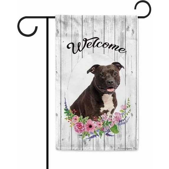 Welcome Spring Summer Flowers Cute Pitbull Dog Decor Garden Flag Lovely Floral Seasonal Home Decor Banner for Outside Double Side 12.5X18 Inch