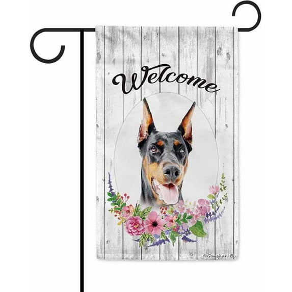 Welcome Spring Summer Flowers Doberman Decorative Garden Flag Dog Floral Seasonal Home Decor Banner for Outside 12.5X18 Inch Double Sided