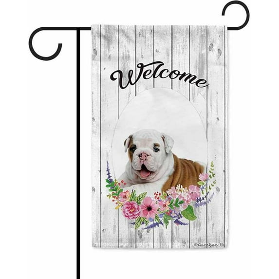 Welcome Spring Summer Flowers English Bulldog Pupp Decor Garden Flag Lovely Floral Seasonal Home Decor Banner for Outside Double Side 12.5X18 Inch
