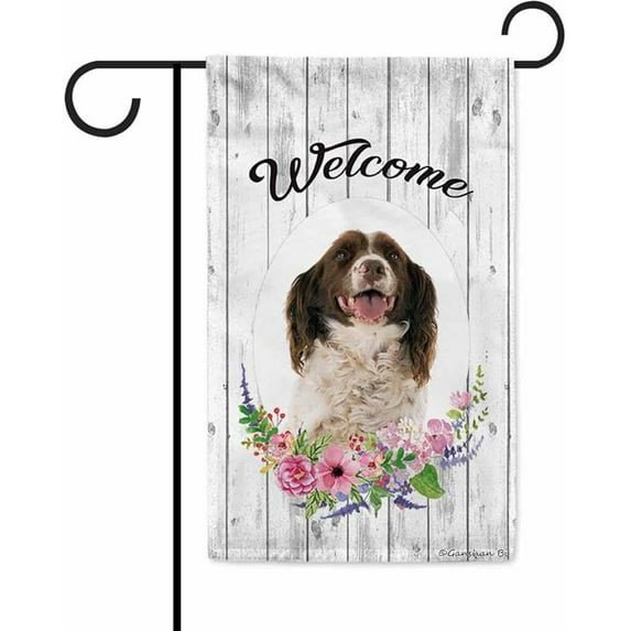Welcome Spring Summer Flowers English Springer Spaniel Decor Garden Flag Lovely Floral Seasonal Home Decor Banner for Outside Double Side 12.5X18 Inch