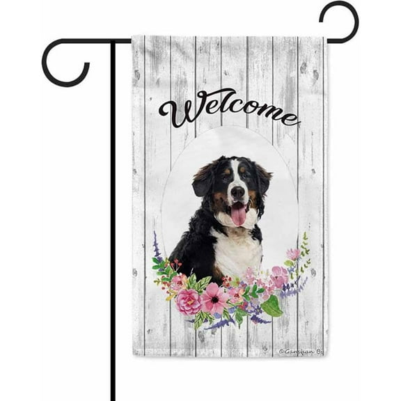 Welcome Spring Summer Flowers Lovely Bernese Mountain Dog Decor Garden Flag Lovely Floral Seasonal Home Decor Banner for Outside Double Side 12.5X18 Inch