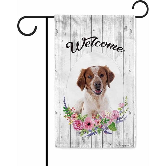 Welcome Spring Summer Flowers Lovely Brittany Spaniel Decor Garden Flag Lovely Floral Seasonal Home Decor Banner for Outside Double Side 12.5X18 Inch