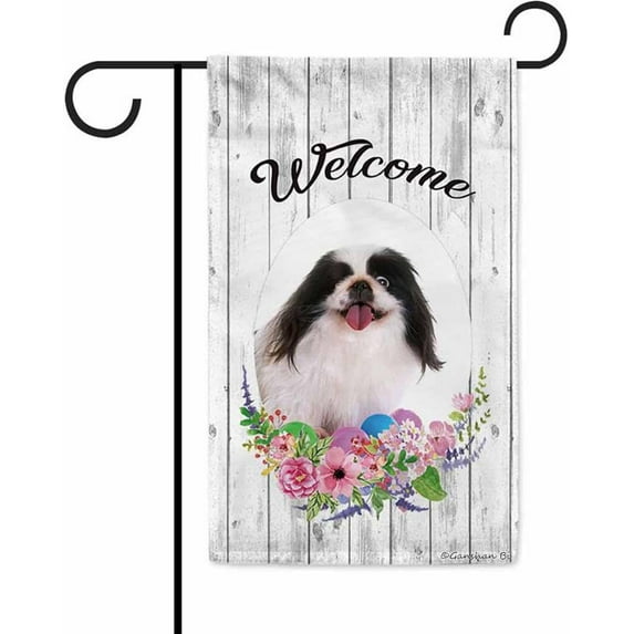 Welcome Spring Summer Flowers Lovely Pekingese Dog Decor Garden Flag Lovely Floral Seasonal Home Decor Banner for Outside Double Side 12.5X18 Inch