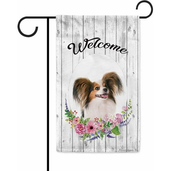 Welcome Spring Summer Flowers Papillon Dog Decor Garden Flag Lovely Floral Seasonal Home Decor Banner for Outside Double Side 12.5X18 Inch