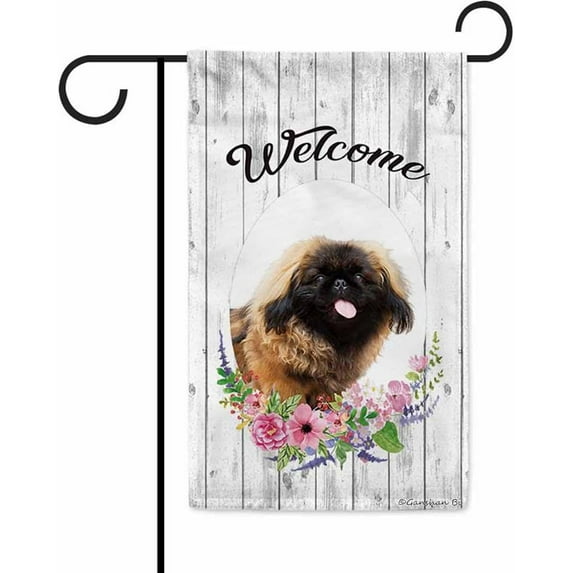 Welcome Spring Summer Flowers Peking Lion Dog Decor Garden Flag Lovely Floral Seasonal Home Decor Banner for Outside Double Side 12.5X18 Inch