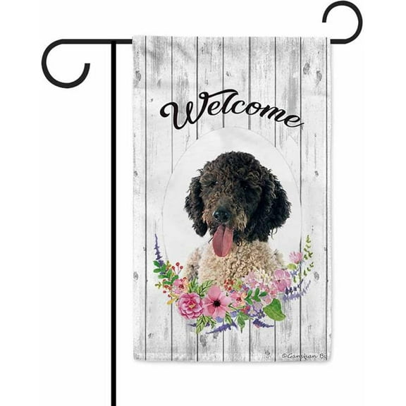 Welcome Spring Summer Flowers Portuguese Water Dog Decor Garden Flag Lovely Floral Seasonal Home Decor Banner for Outside Double Side 12.5X18 Inch