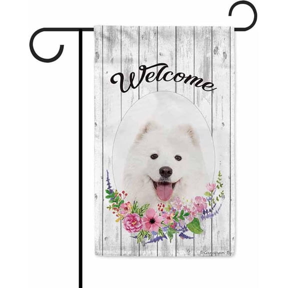 Welcome Spring Summer Flowers Samoyed Decorative Garden Flag Dog Floral Seasonal Home Decor Banner for Outside 12.5X18 Inch Double Sided
