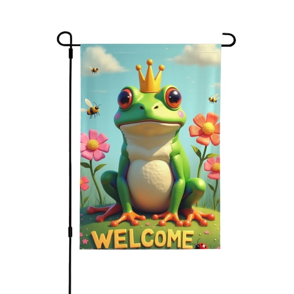 Welcome Spring Summer Frog Garden Flags, Burlap Small Hello Summer Garden Yard House Flag Banner For Outside 12X18 Double Sided Vertical Seasonal Outdoor Decoration (Only Flag)