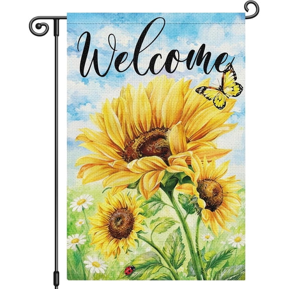 Welcome Spring Summer Garden Flag 12x18 Inch, Sunflower Floral Yard Flag with Butterfly, Double Sided Outdoor Banner Sign for Lawn Porch Front Yard Decor