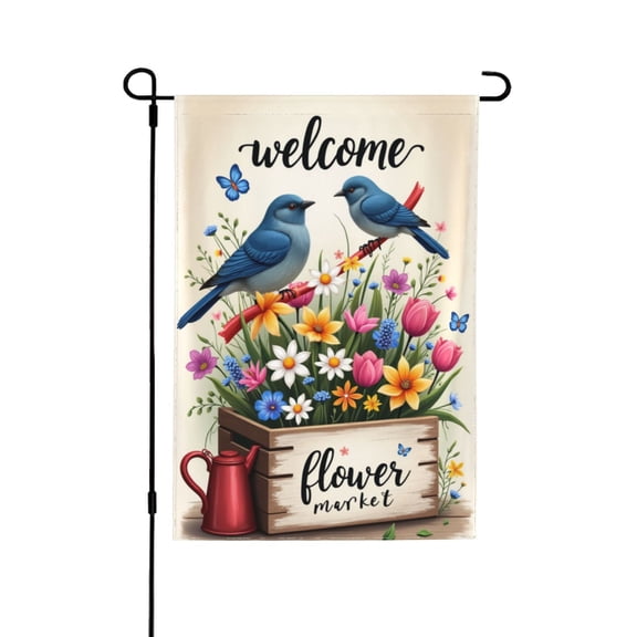 Welcome Spring Summer Garden Flag Blue Birds And Color Flowers Market Garden Flag Vertical Double Sided Rustic Farmland Yard Lawn Outdoor Decor 12X18"