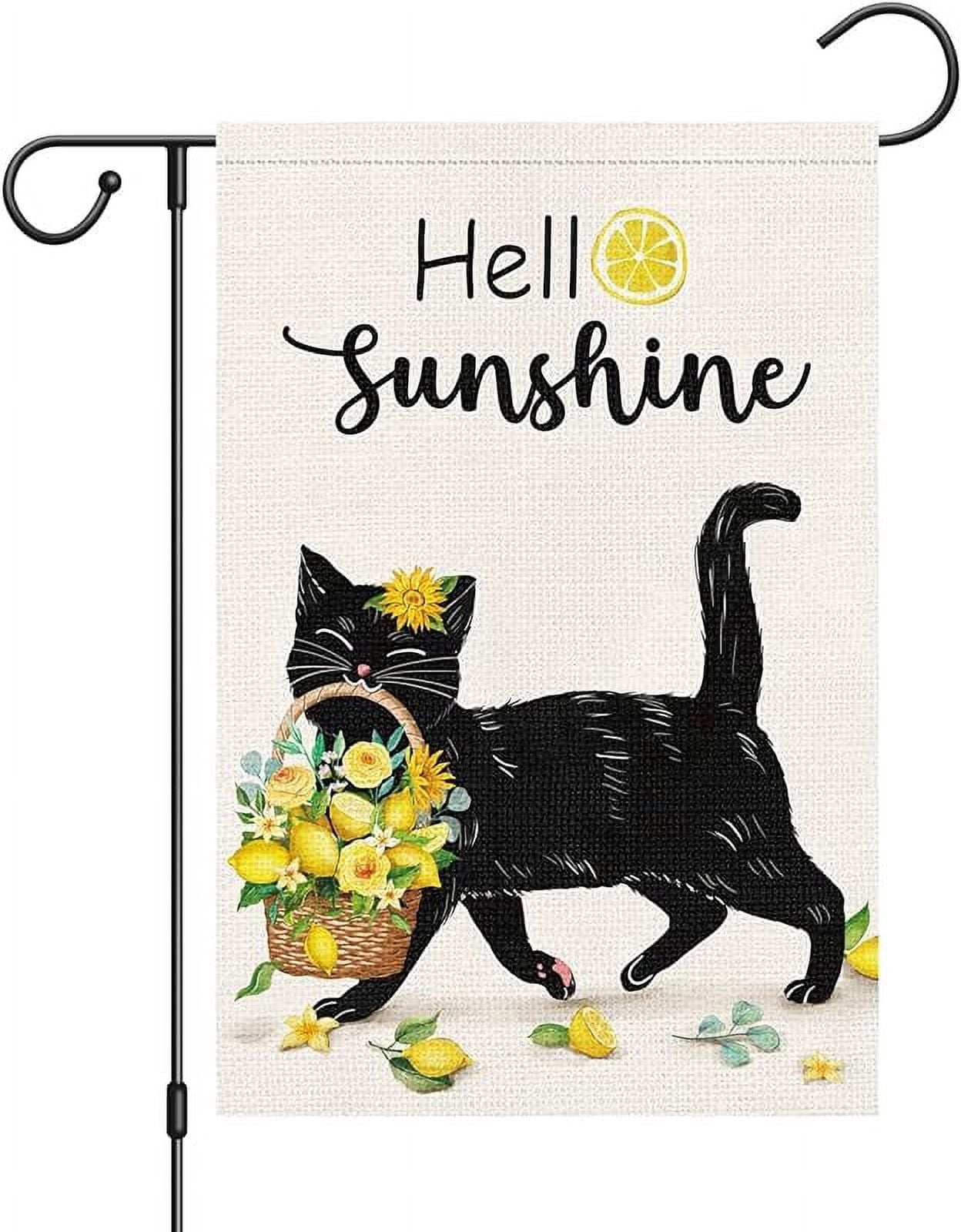 Welcome Spring Summer Garden Flag Double Sided, Burlap Small Hello Sunshine Black Cat Lemon Garden Yard House Flags Outside Outdoor Seasonal Porch Lawn Decoration (ONLY FLAG)