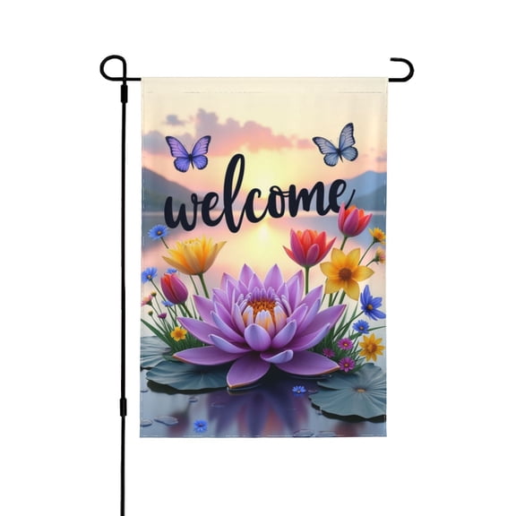 Welcome Spring Summer Garden Flag Double Sided Lotus Water Lily Floral Butterfly 12x18 Inch Outdoor Yard House Decor