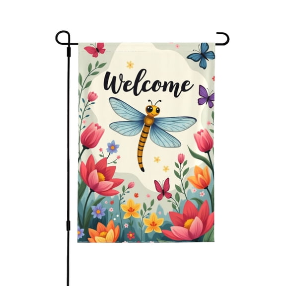 Welcome Spring Summer Garden Flag Dragonfly Flowers Butterflies Double Sided 12x18 Inch Outdoor Yard Decor
