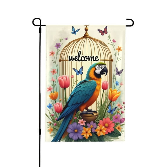 Welcome Spring Summer Garden Flag Macaw In Birdcage With Flowers， Double Sided， 12x18 Inch， Outdoor Decor， Yard Flag， Floral Butterfly Parrot， House Banner