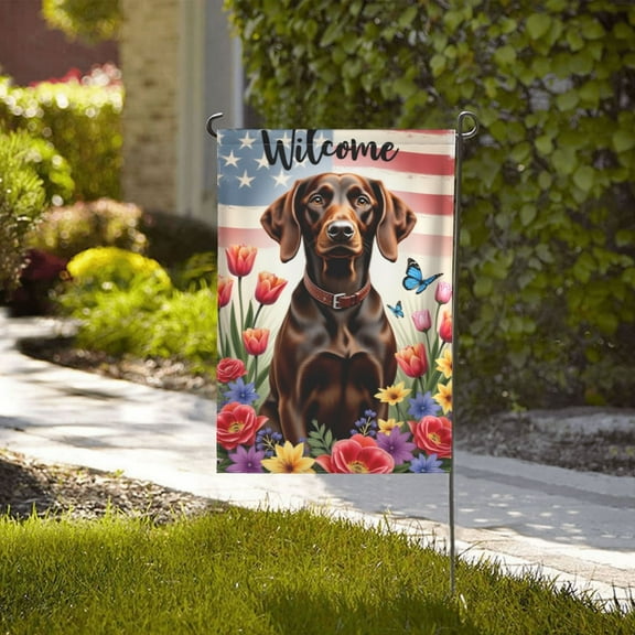 Welcome Spring Summer Garden Flag Patriotic Chocolate Lab Dog With Flowers DoubleSided 12x18 Inch Yard Flag Outdoor House Decor Farmhouse Banner Birthday Gifts for Men Women
