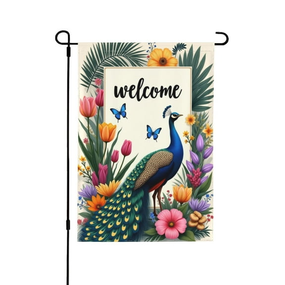 Welcome Spring Summer Garden Flag Peacock， Flowers & Butterflies Double Sided 12x18 Inch Outdoor Yard Decor(1)