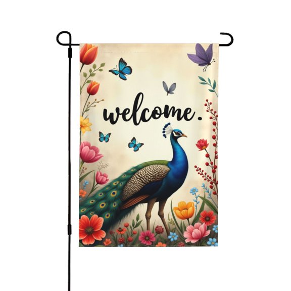 Welcome Spring Summer Garden Flag Peacock, Flowers & Butterflies Double Sided 12x18 Inch Outdoor Yard Decor-