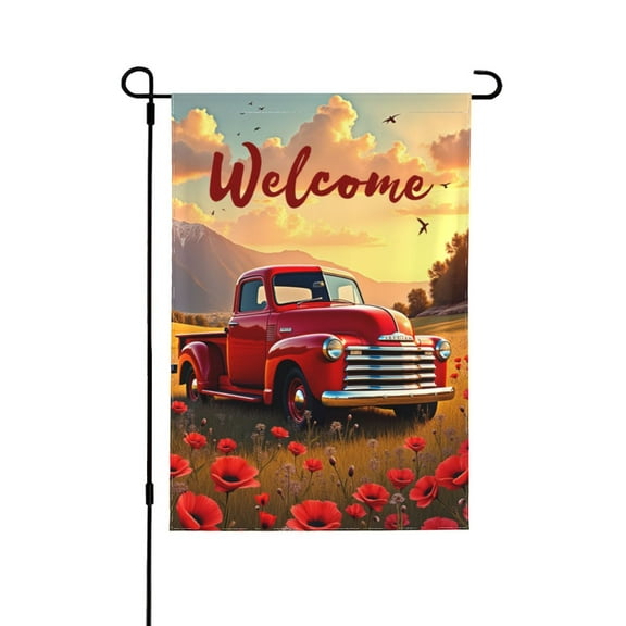 Welcome Spring Summer Garden Flag Red Truck Poppies Field Double Sided 12x18 Inch Outdoor Yard House Decor
