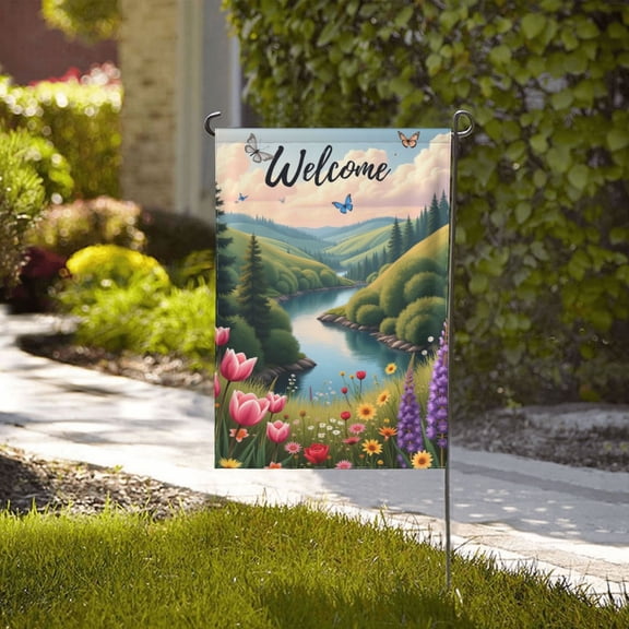 Welcome Spring Summer Garden Flag Serene River Landscape With Butterflies Flowers Double Sided 12x18 Inch Outdoor Yard Decor