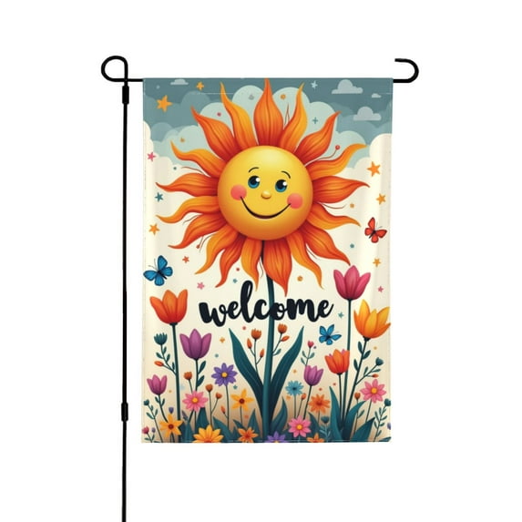 Welcome Spring Summer Garden Flag Smiling Sun Flowers Double Sided 12x18 Inch Outdoor Yard House Flag,Floral Butterfly Decor,Seasonal Patio Lawn Banner