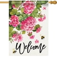 thumbnail image 1 of Welcome Spring Summer Geranium Decorative House Flag, Pink Floral Flowers Bees Garden Yard Outside Decorations, Seasonal Burlap Outdoor Large Home Decor Double Sided 28 x 40, 1 of 6
