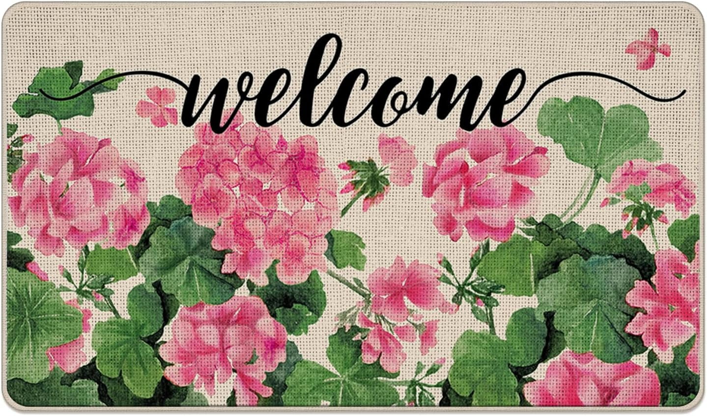 Welcome Spring Summer Geranium Flower Decorative Front Door Mat, Pink Floral Doormat Indoor Outdoor Non-Slip Floor Entryway Rug, Seasonal Home Kitchen Decoration 17x29 Inch
