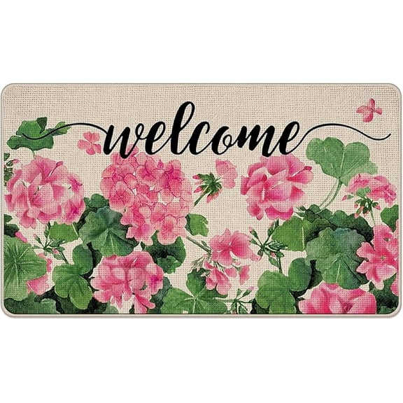 Welcome Spring Summer Geranium Flower Decorative Front Door Mat, Pink Floral Doormat Indoor Outdoor Non-Slip Floor Entryway Rug, Seasonal Home Kitchen Decoration 1730 Inch.
