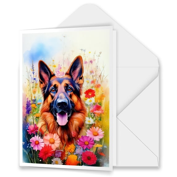 Welcome Spring Summer German Shepherd Portrait Flower Blue Sky 5x7in Folded Greeting Card Alsatian Dog Lover Gifts Single Note Card with Envelope - 12001