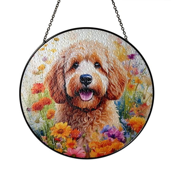 Welcome Spring Summer Goldendoodle Portrait Flower Blue Sky Stained Glass Suncatcher Doodle Dog Lover Gifts Idea Window Hanging Sign Decor - 12001