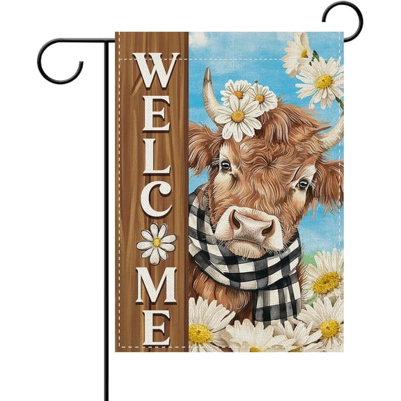 Welcome Spring Summer Highland Cow Decorative Garden Flag, Farm Animal Daisy Flower Yard Outside Home Decoration, Farmhouse Floral Burlap Outdoor Small Decor Double Sided 12 x 18