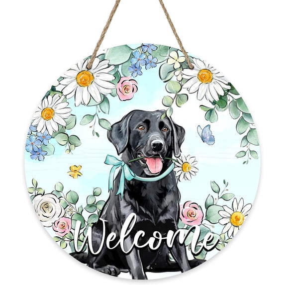 Welcome Spring Summer Labrador Dog Front Door Sign, Black Puppy Daisy Flower Wood Door Hanger Outdoor Outside Porch Decor, Eucalyptus Leaves Wooden Wreath Indoor Wall Hanging Decoration