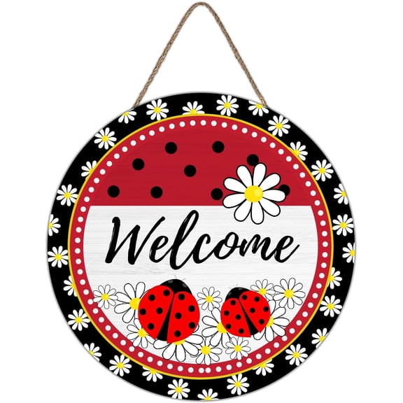 Welcome Spring Summer Ladybug Front Door Sign Daisy Flower Red Black Wood Door Hanger