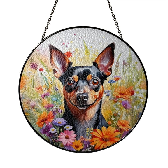 Welcome Spring Summer Miniature Pinscher Portrait Flower Blue Sky Stained Glass Suncatcher Mini Pin Dog Lover Window Hanging Sign Decor - 12001
