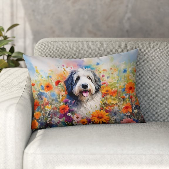 Welcome Spring Summer Old English Sheepdog Portrait Flower Blue Sky Pillowcase Double Sided Dog Lover Pillow Case Covers - 12001