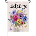 thumbnail image 1 of Welcome Spring Summer Pansy Flower Small Decorative Garden Flag, Floral Mason Jar Eucalyptus Leaves Yard Lawn Outside Decor, Butterfly Burlap Outdoor Home Decoration Double Sided 12 x 18, 1 of 6