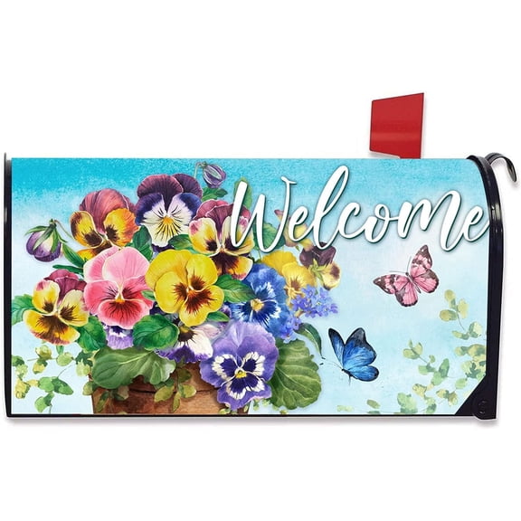 Welcome Spring Summer Pansy Flowers Mailbox Cover Magnetic Standard Size 21" x 19", Floral Pansies Decorative Post Letter Box Wrap Decor Butterfly Garden Yard Outdoor Decoration